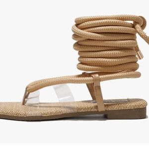 Cape Robbin Amoralyn Taupe Woven LaceUp Ankle Wrap Sandal Clear Toe Strap Size 9